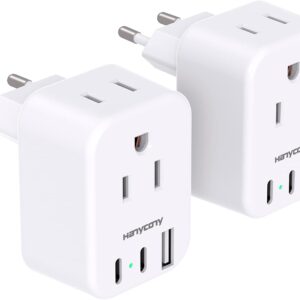 European Travel Plug Adapter for International, Italy Spain Power Adapter, 2 Outlets 2 USB C Ports, Type C Adapter Travel Cruise Essentials for Amercian US to Most Europe France Germany EU, 2 Pack