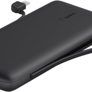 Belkin Power Bank, BoostCharge Plus 10k mAh Portable Charger w/Integrated Lightning Cable & USB-C Cable - iPhone Charger - Battery Pack for iPhone 16 Pro Max, iPhone 16, iPhone 15, iPhone 14 - Black