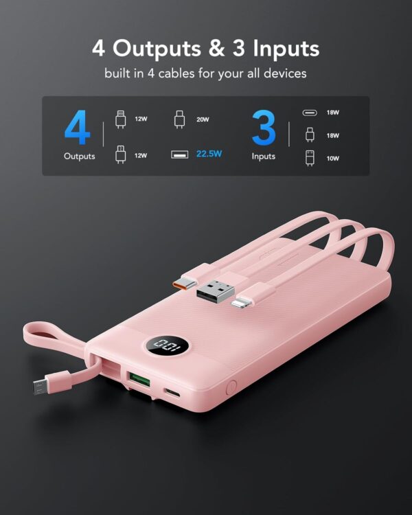 VRURC Portable Charger Power Bank, 22.5W Fast Charging Battery Pack 10000mAh, Built in USB-C Cable in & Out (20W), Micro & iOS Cables Compatible with iPhone 15 14 13, Samsung, Android etc-Pink - Image 3