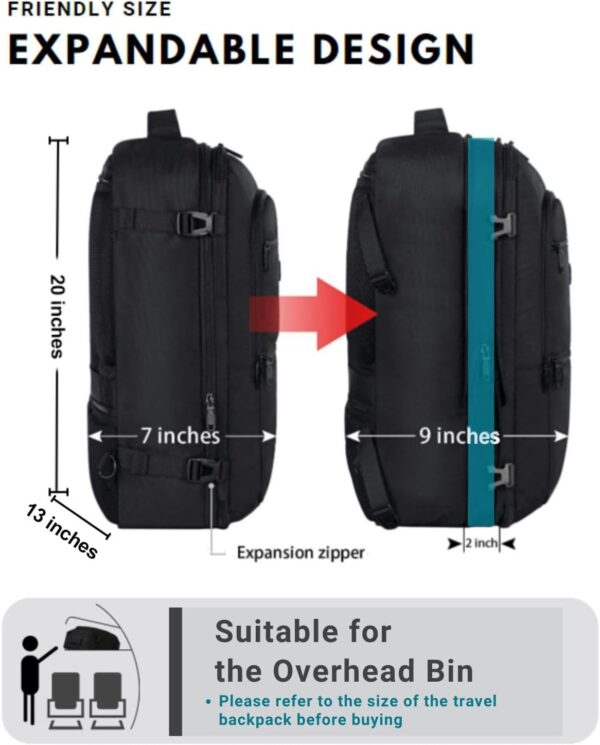 Vancropak Carry On Backpack, 40L Expandable Extra Large Travel Backpack, Flight Approved Water Resistant Luggage Suitcase Daypack, Lightweight Personal Business Weekender Bag for Men & Women, Black - Image 3