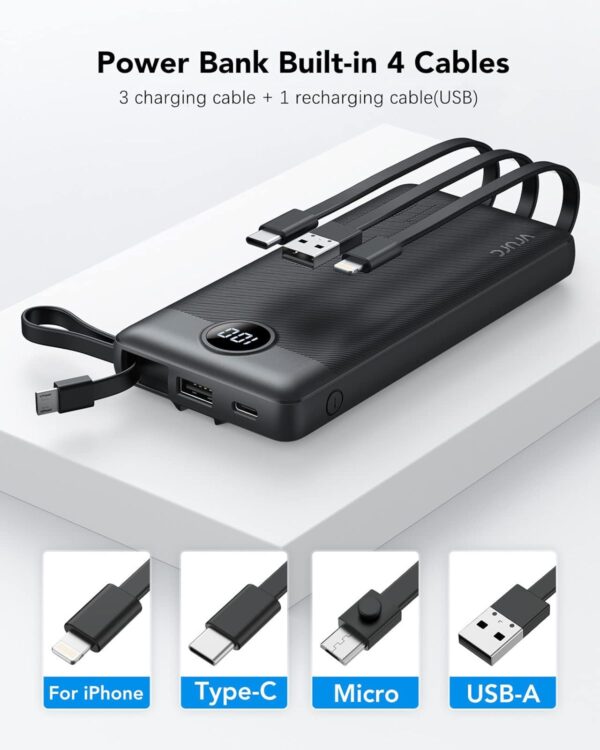 VRURC Portable Charger with Built in Cables, 10000mAh Slim USB C Power Bank,5 Output 2 Input LED Display External Battery Pack Phone Charger Compatible with iPhone,Samsung,Android-Black(1 Pack) - Image 2