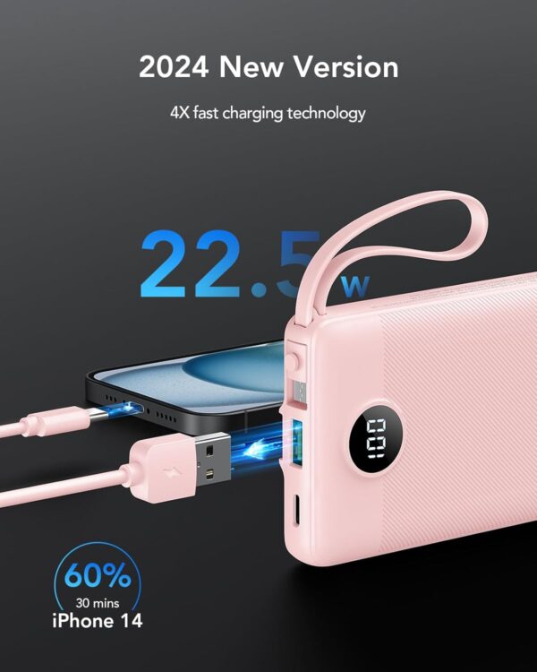 VRURC Portable Charger Power Bank, 22.5W Fast Charging Battery Pack 10000mAh, Built in USB-C Cable in & Out (20W), Micro & iOS Cables Compatible with iPhone 15 14 13, Samsung, Android etc-Pink - Image 2