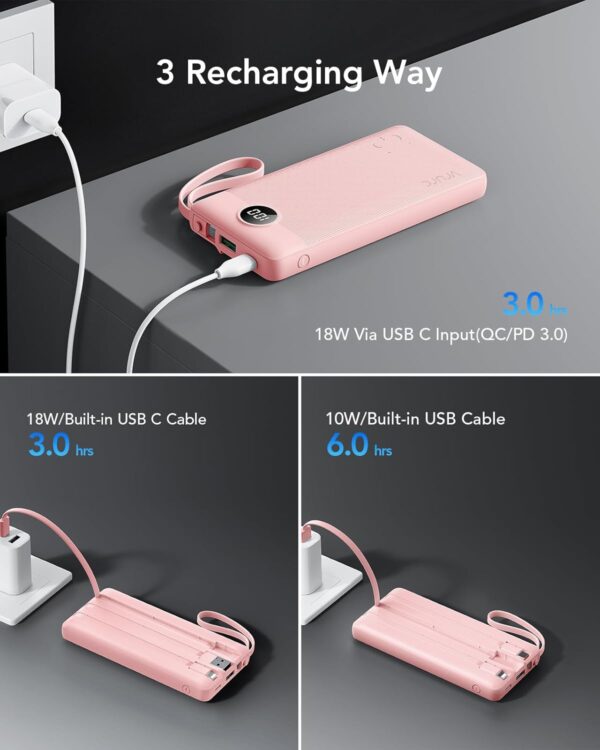 VRURC Portable Charger Power Bank, 22.5W Fast Charging Battery Pack 10000mAh, Built in USB-C Cable in & Out (20W), Micro & iOS Cables Compatible with iPhone 15 14 13, Samsung, Android etc-Pink - Image 6
