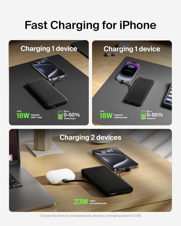Belkin Power Bank, BoostCharge Plus 10k mAh Portable Charger w/Integrated Lightning Cable & USB-C Cable - iPhone Charger - Battery Pack for iPhone 16 Pro Max, iPhone 16, iPhone 15, iPhone 14 - Black - Image 4