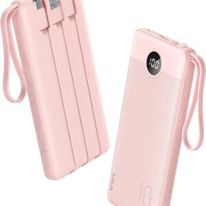 VRURC Portable Charger Power Bank, 22.5W Fast Charging Battery Pack 10000mAh, Built in USB-C Cable in & Out (20W), Micro & iOS Cables Compatible with iPhone 15 14 13, Samsung, Android etc-Pink