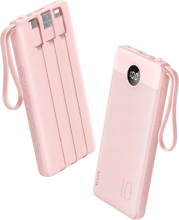 VRURC Portable Charger Power Bank, 22.5W Fast Charging Battery Pack 10000mAh, Built in USB-C Cable in & Out (20W), Micro & iOS Cables Compatible with iPhone 15 14 13, Samsung, Android etc-Pink