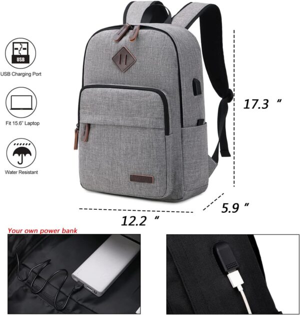 KYALOU Laptop Backpack, Lightweight Bookbag Casual Daypack for Men and Woomen, College with USB Charging Port - Gray - Image 2