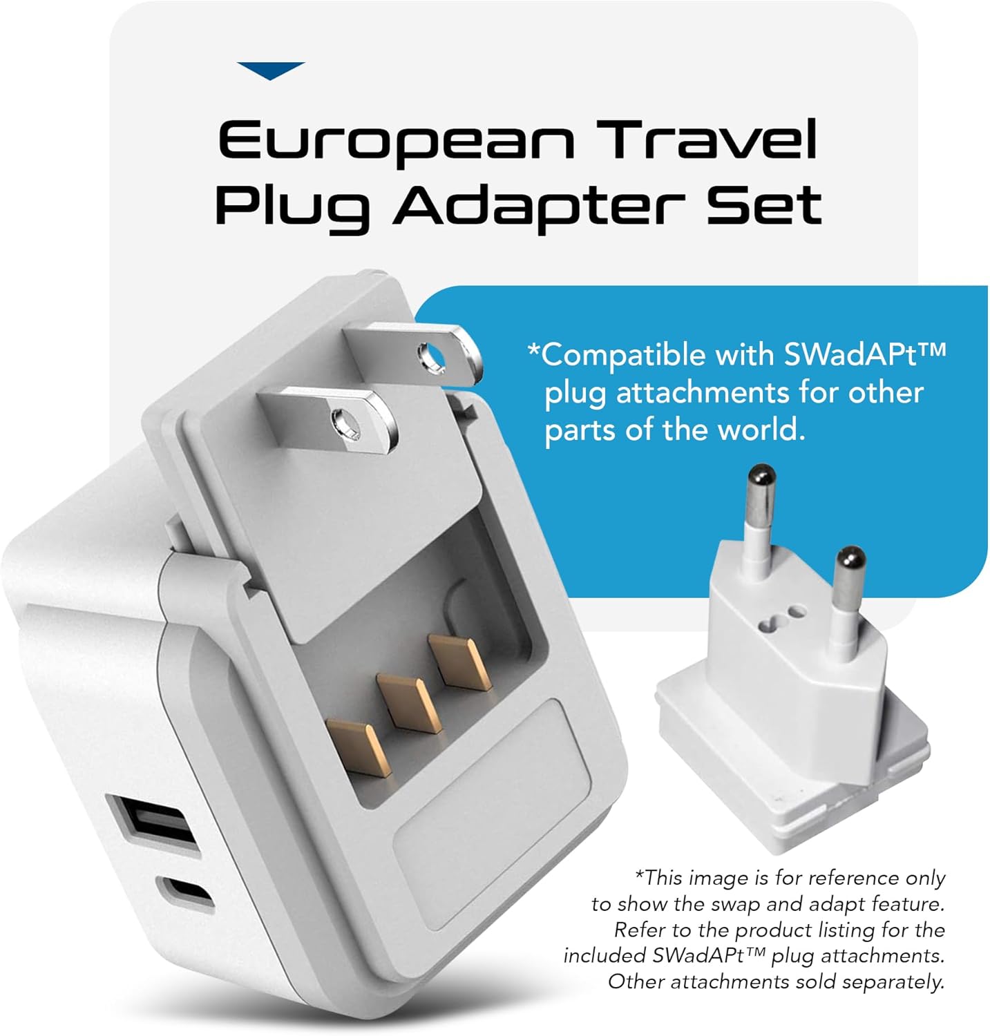 Ceptics European Plug Travel Adapter Set, 20W PD & QC, Safe Dual USB & USB-C - 2 USA Socket - Compact - Use in Germany, France, Italy, UK - Includes Type E/F, Type C, Type G SWadAPt Attachments - Image 5