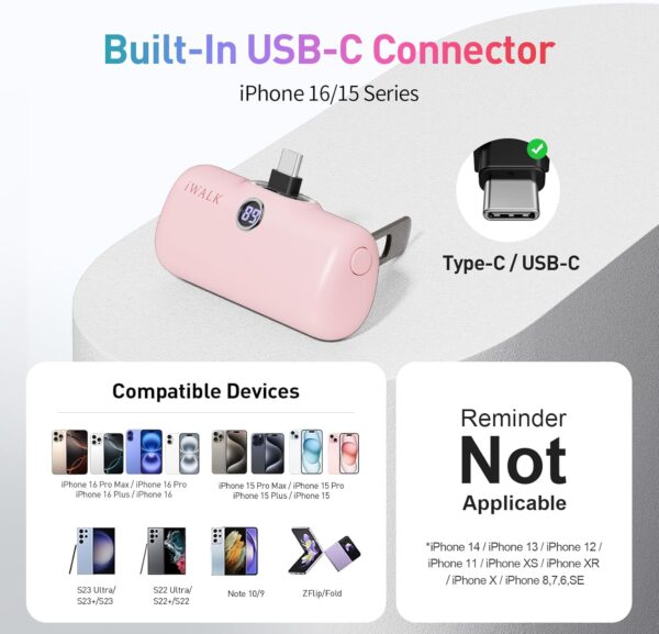 iWALK Portable Charger for iPhone 15 iPhone 16 Series, 20W PD Fast Charging USB-C Power Bank, LED Display, 5000mAh Battery Pack Compatible with iPhone 15 Plus,15 Pro,15 Pro Max,Samsung Andriod - Image 4