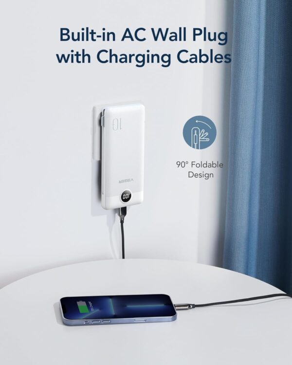 VEGER Portable Charger for iPhone Built in Cables and Wall Plug, 10000mah Slim Fast Charging USB C Power Bank, Travel Essential Battery Pack Compatible with iPhones, iPad, Samsung, and More(White) - Image 3