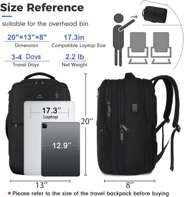 MATEIN Carry on Backpack, Extra Large 40L Flight Approved Travel Laptop Backpack with USB Port, 17 Inch Water Resistant Luggage Computer Daypack College Overnight Weekender Bag for Men & Women, Black - Image 6