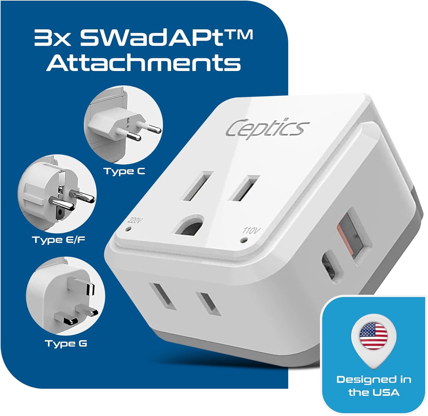 Ceptics European Plug Travel Adapter Set, 20W PD & QC, Safe Dual USB & USB-C - 2 USA Socket - Compact - Use in Germany, France, Italy, UK - Includes Type E/F, Type C, Type G SWadAPt Attachments - Image 4