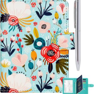 RSAquar Passport Holder for Women and Men, Premium PU Leather Travel Passport Wallet RFID Blocking Passport Cover Travel Documents Organizer with Pen Holder, Flower