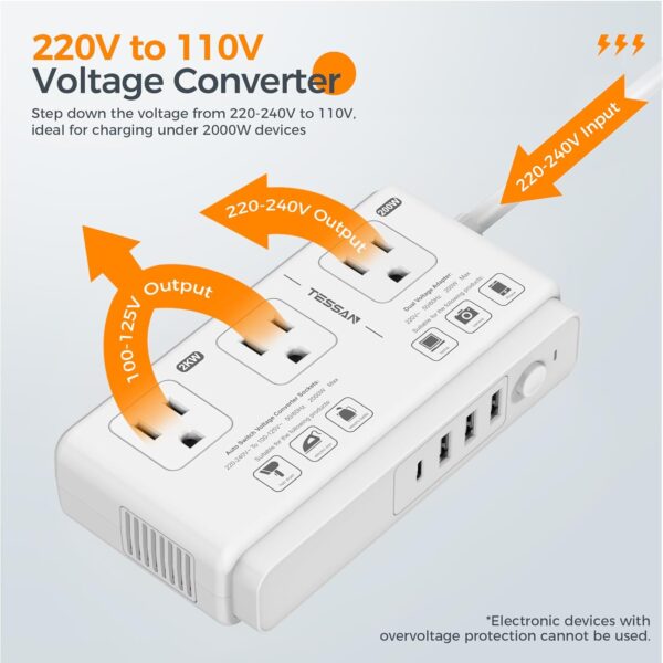 220V to 110V Voltage Converter, TESSAN Universal Travel Adapter with 4 USB Ports (1 USB C), 3 AC Sockets and EU/UK/AU/IT Plug Power Adaptor, Step Down Outlet Converters International Plug Adapter - Image 3