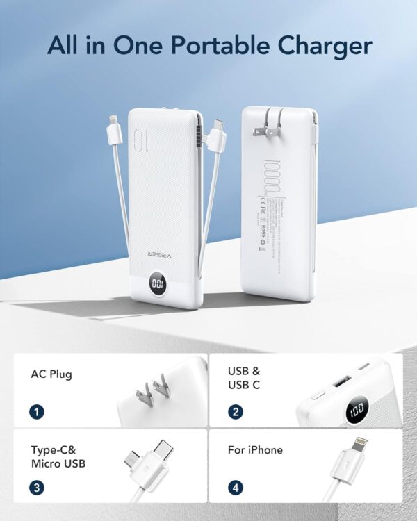 VEGER Portable Charger for iPhone Built in Cables and Wall Plug, 10000mah Slim Fast Charging USB C Power Bank, Travel Essential Battery Pack Compatible with iPhones, iPad, Samsung, and More(White) - Image 2