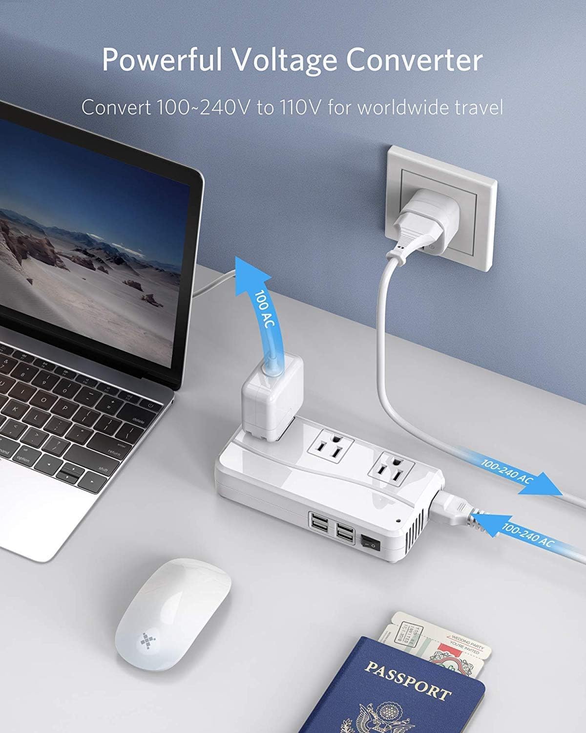 BESTEK Universal Travel Adapter 100-220V to 110V Voltage Converter 250W with 6A 4-Port USB Charging 3 AC Sockets and EU/UK/AU/US/India Worldwide Plug Adapter (White) - Image 3