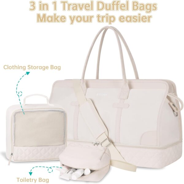ETRONIK Weekender Overnight Bags for Women, Large Travel Duffle Bags with Shoe Compartment & Wet Pocket, Carry On Tote Bag Gym Duffel Bag with Toiletry Bags for Hospital 3 Pcs Set, Large Size, Beige - Image 8
