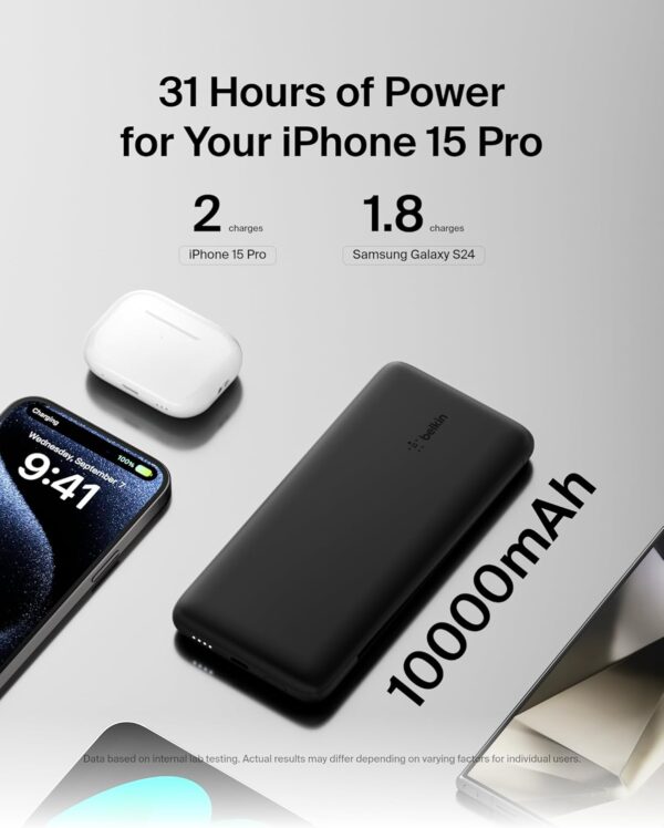 Belkin Power Bank, BoostCharge Plus 10k mAh Portable Charger w/Integrated Lightning Cable & USB-C Cable - iPhone Charger - Battery Pack for iPhone 16 Pro Max, iPhone 16, iPhone 15, iPhone 14 - Black - Image 3