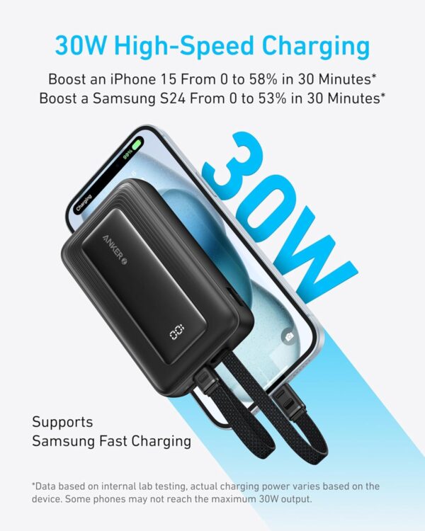Anker Zolo Power Bank, 10,000mAh 30W Max Fast Portable Charger with Built-in USB-C and MFi Certified Lightning Cables, 1 USB-C, 1 USB-A, Battery Pack for iPhone 16/15 Series, MacBook, Galaxy (Black) - Image 3
