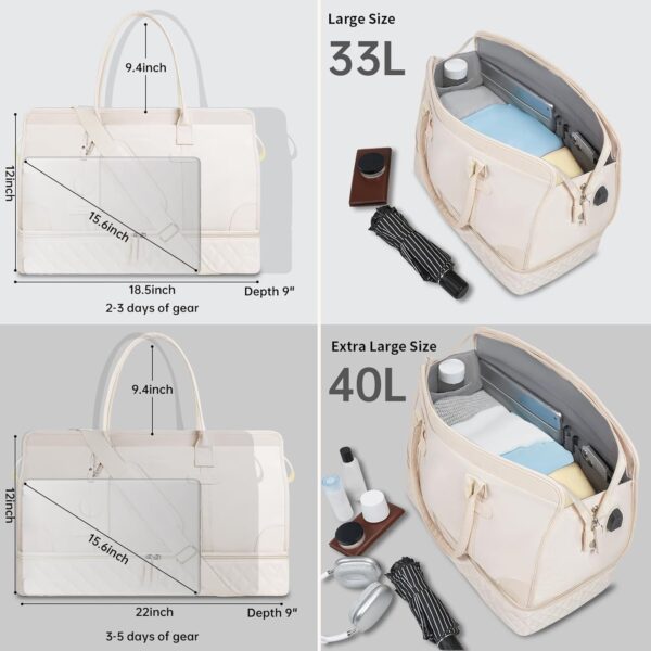 ETRONIK Weekender Overnight Bags for Women, Large Travel Duffle Bags with Shoe Compartment & Wet Pocket, Carry On Tote Bag Gym Duffel Bag with Toiletry Bags for Hospital 3 Pcs Set, Large Size, Beige - Image 2
