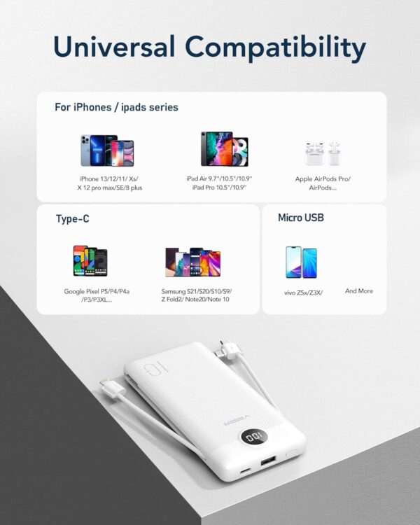 VEGER Portable Charger for iPhone Built in Cables and Wall Plug, 10000mah Slim Fast Charging USB C Power Bank, Travel Essential Battery Pack Compatible with iPhones, iPad, Samsung, and More(White) - Image 6