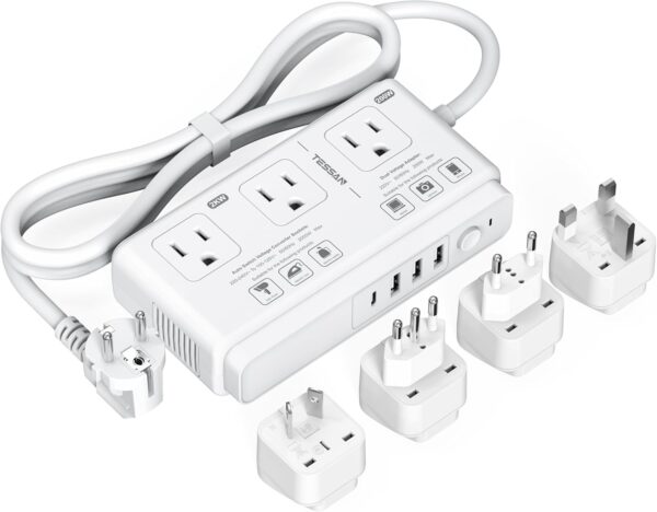 220V to 110V Voltage Converter, TESSAN Universal Travel Adapter with 4 USB Ports (1 USB C), 3 AC Sockets and EU/UK/AU/IT Plug Power Adaptor, Step Down Outlet Converters International Plug Adapter