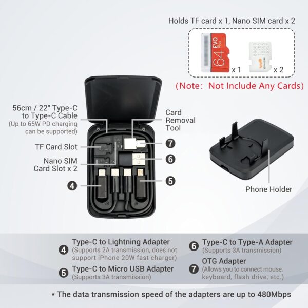 Multi-Functional Compact Cable Card with 22" USB-C Cable & USB-A/Micro-USB/Light/OTG USB Adapter Kit Cable Convertor Storage Box for Traveling Phone Pad Charging PC Computer Data Transfer - Image 2