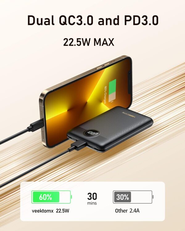 VEEKTOMX Mini Power Bank 10000mAh, 22.5W Fast Charging Small Portable Charger with PD 3.0 & QC 3.0,USB C Slim Lightweight iPhone Charger, Dual Output Compatible with iPhone, Samsung,Travel Must Haves - Image 3