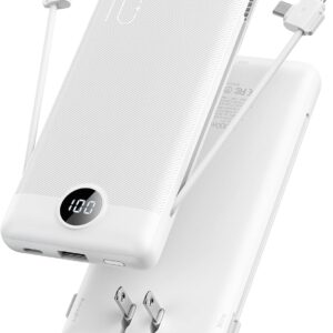 VRURC Portable Charger Built-in Cables and AC Wall Plug, USB C Power Bank 10000mAh, [2023 Upgraded Version] Phone Charger Compact Lightweight External Battery Pack for Smart Phones, Tablets etc-White
