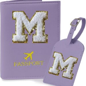 COSHAYSOO Purple Initial Passport Cover Holder and Luggage Tag Set TSA Approved with Alphabet Chenille Letter Patch for Women Teenager Girls, PU Leather Traveling Bag Suitcase Identifier (M)