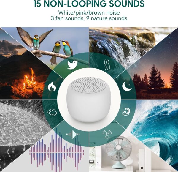White Noise Machine Babelio Mini Sound Machine for Adults Kids Baby | 15 Non-looping Sounds | Timer | Easy to Pocket and Travel - White - Image 3