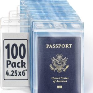 EcoEarth 4x6 Inch Passport & Card Holders with Soft Edge (Clear, 100 PK) - Extra Large (XXL) Vertical ID Holder - Resealable and Waterproof Identification Name Card Holder