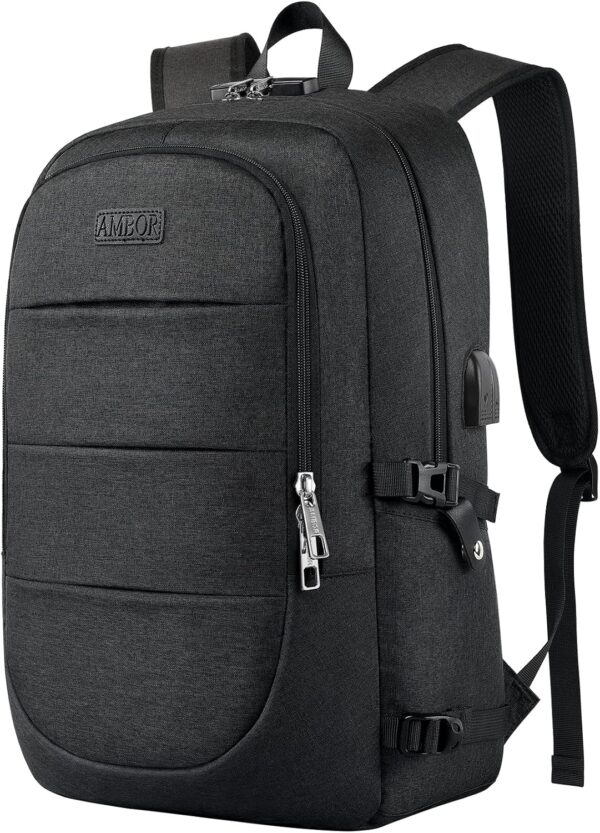 AMBOR Travel Laptop Backpack for Ｍen, 15.6-17.3 inch Laptop Backpack for School, Anti Theft Business Work Backpack with USB Charging Port, Water Resistant College Computer Bag for Men & Women, Black