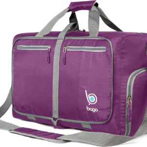Bago Foldable Duffel Bags for Traveling Women & Men - 40L Sports Packable Duffle Bag for Travel with Shoe Compartment - Water Repellant, Heavy Duty, Lightweight Folding & Collapsible (Purple)