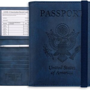 WALNEW Passport Holder Wallet, RFID Blocking Passport Cover Case PU leather Card Holder with Pen and Clear Card Slot for Women Men, Navy Blue