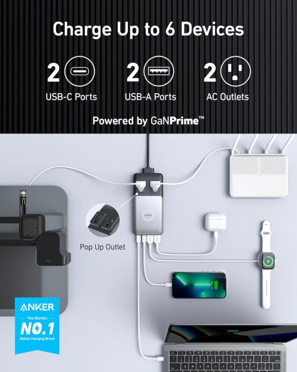 Anker 727 Charging Station (GaNPrime 100W), Compact Power Strip for Travel, Work, 5 ft Detachable Extension Cord with 2 Outlets and 4 USB Ports, for iPhone 14, Samsung, iPad, MacBook (Not a Battery) - Image 2