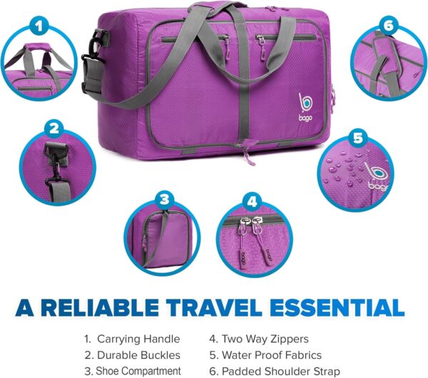 Bago Foldable Duffel Bags for Traveling Women & Men - 40L Sports Packable Duffle Bag for Travel with Shoe Compartment - Water Repellant, Heavy Duty, Lightweight Folding & Collapsible (Purple) - Image 3