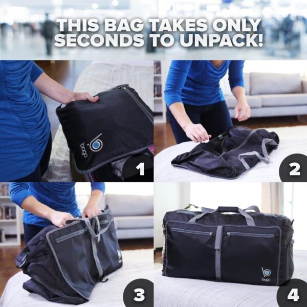 Bago Foldable Duffel Bags for Traveling Women & Men - 40L Sports Packable Duffle Bag for Travel with Shoe Compartment - Water Repellant, Heavy Duty, Lightweight Folding & Collapsible (Purple) - Image 8