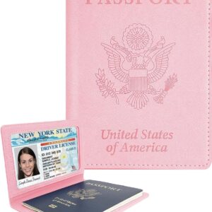 Sizobi Leather Passport Holder Covers Case, Passport Book Wallet Card Slot Luggage Tag, International Travel Must Haves Travel Accessories for Women Men, Cruise Ship Essentials, Travel Gifts, Pink