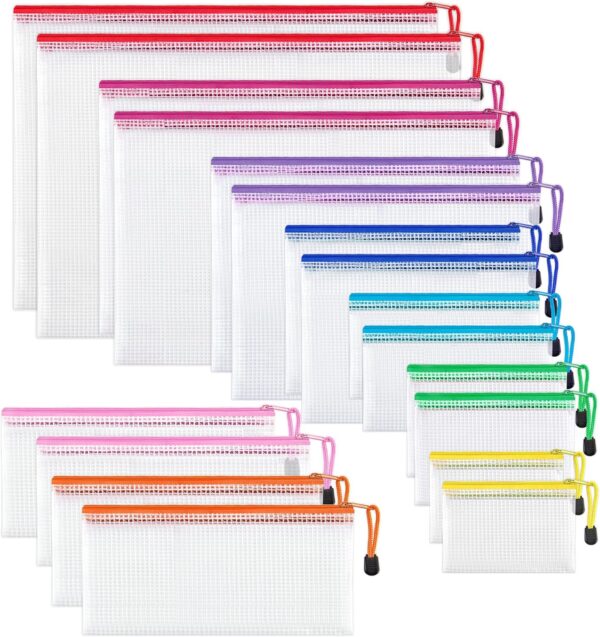 JARLINK 18 Pack 8 Sizes Mesh Pouch, 9 Colors, Waterproof Zipper File Bags Document Multipurpose Travel Bags for Office, School, Board Game, Puzzles, Cosmetics, Travel Accessories, and Home Organize